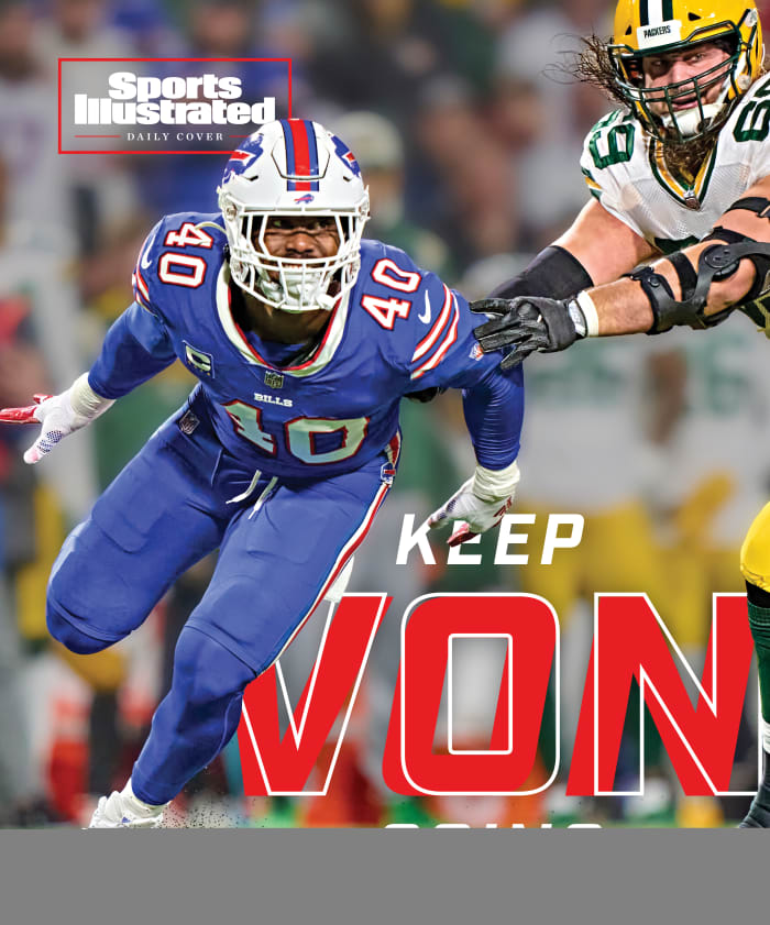 Von Miller comes around the edge against the Packers, with text that says KEEP VON GOING